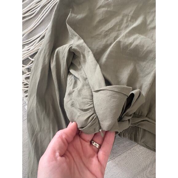 Zara Twist Front Linen Crop Top Large Olive Green Long Sleeve Tie Back Deep V - Picture 8 of 9
